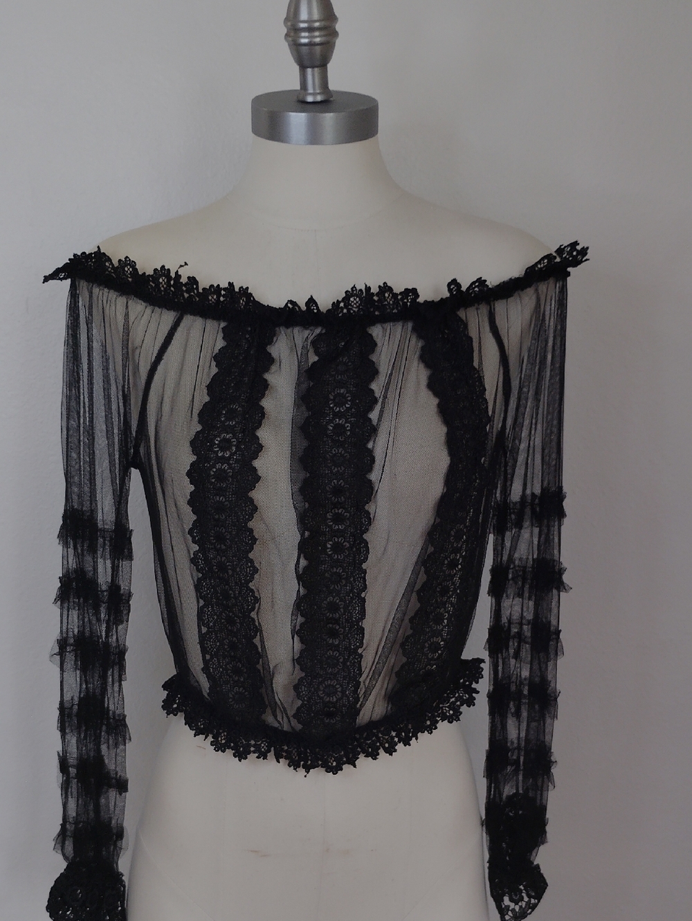 Womens Sheer Mesh Lace Off Shoulder Long Sleeve Top Sz L Whimsigoth Fairy Grunge